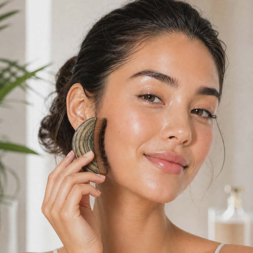 Woman applying skincare product with a brush in a bright room
