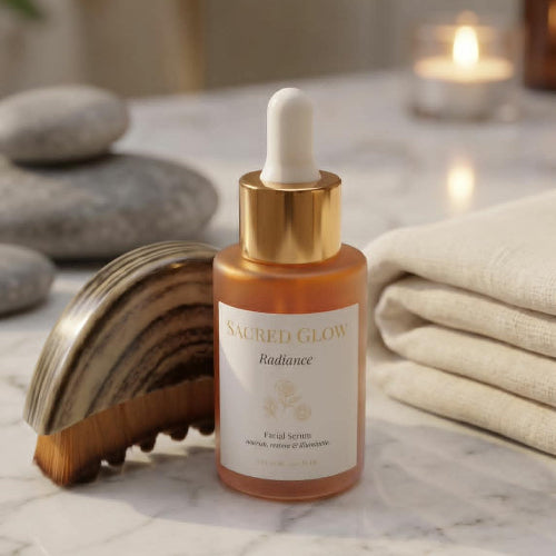 Skincare serum bottle with dropper on a marble surface with candles and stones in the background