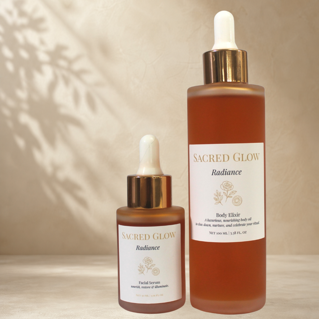 Sacred Glow Radiance Facial Serum and Body Elixir duo for nourishing and hydrating face and body care.