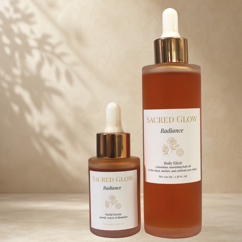 Sacred Glow Radiance Facial Serum and Body Elixir duo for nourishing and hydrating face and body care.